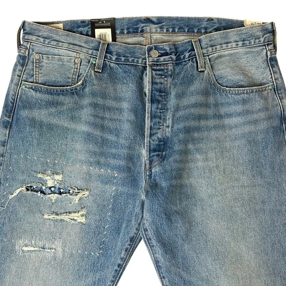 Levi's Selvedge 501 Blue Jean Turquoise Rivet Distressed Mens 40 x 32 Straight